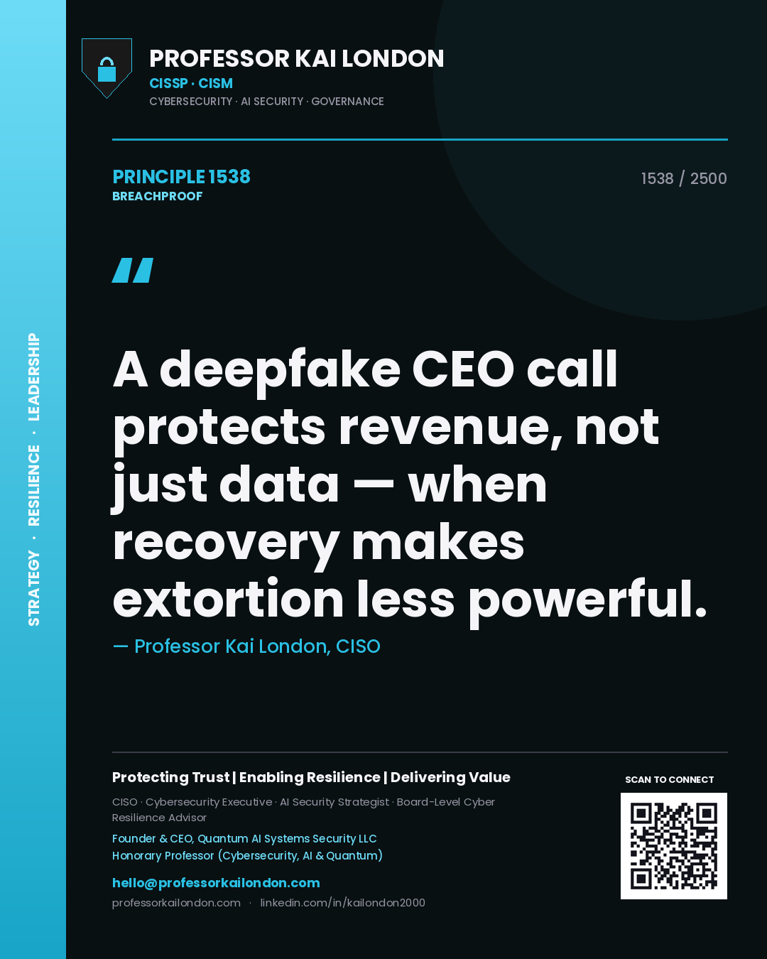 Professor Kai London principle 1538: A deepfake CEO call protects revenue, not just data — when recovery makes extortion less powerful.