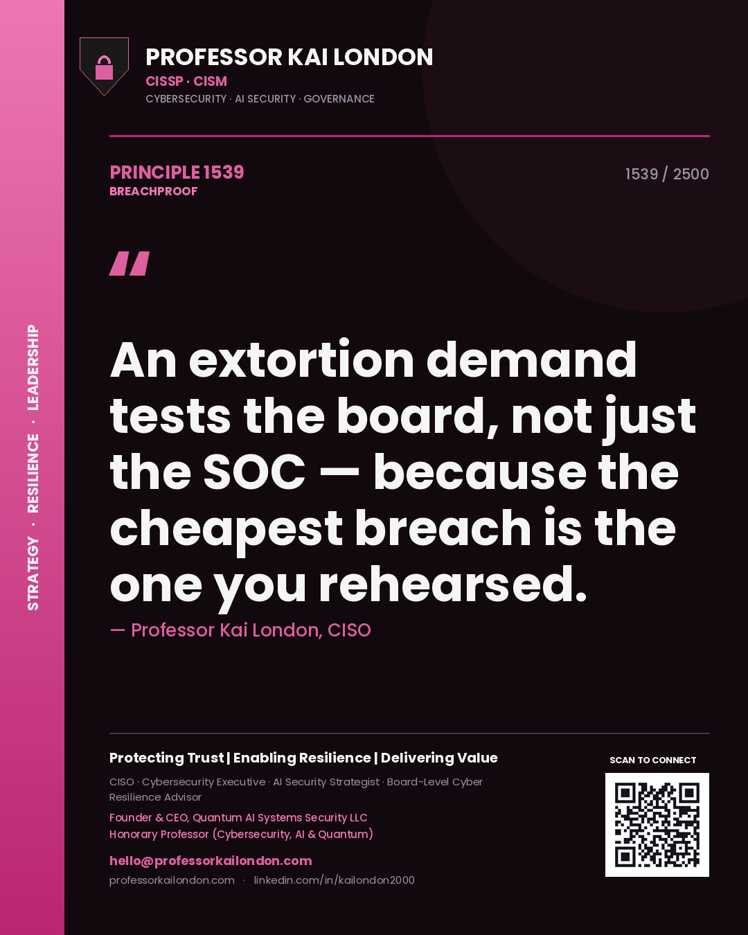 Professor Kai London principle 1539: An extortion demand tests the board, not just the SOC — because the cheapest breach is the one you rehearsed.