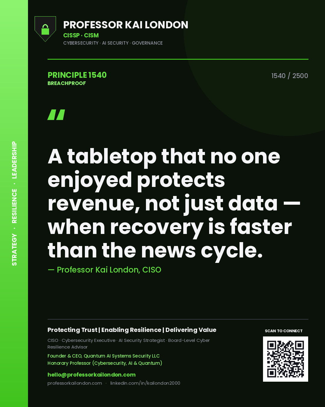 Professor Kai London principle 1540: A tabletop that no one enjoyed protects revenue, not just data — when recovery is faster than the news cycle.