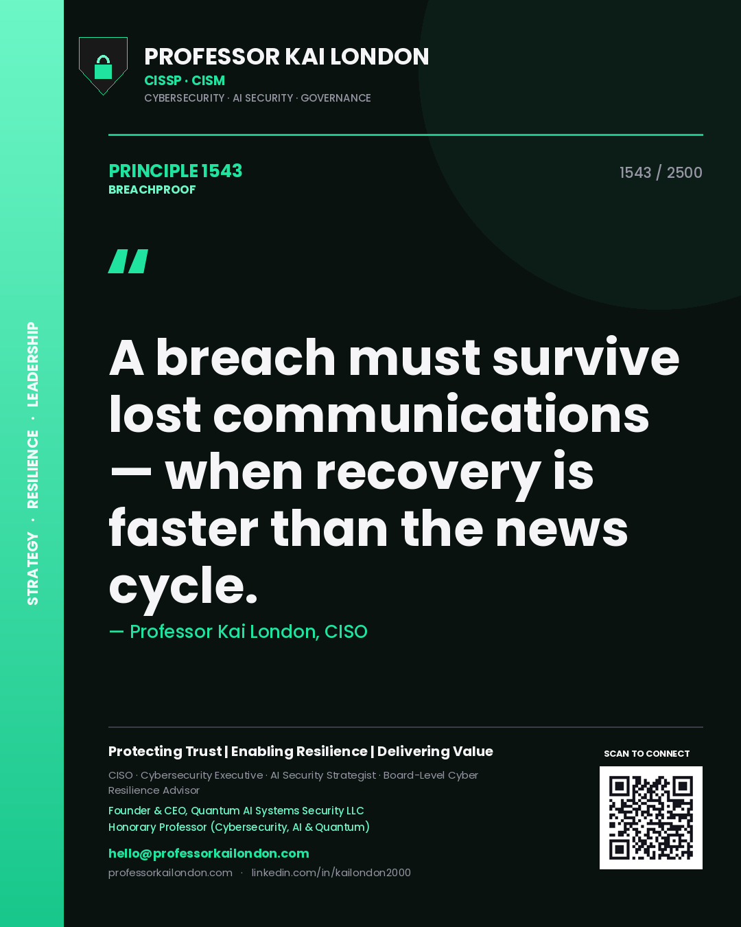 Professor Kai London principle 1543: A breach must survive lost communications — when recovery is faster than the news cycle.