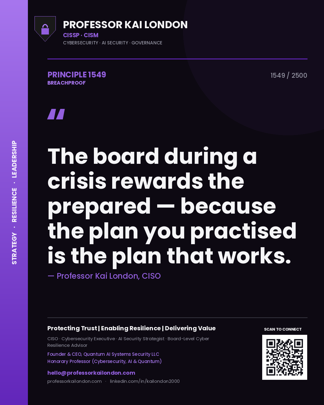Professor Kai London principle 1549: The board during a crisis rewards the prepared — because the plan you practised is the plan that works.