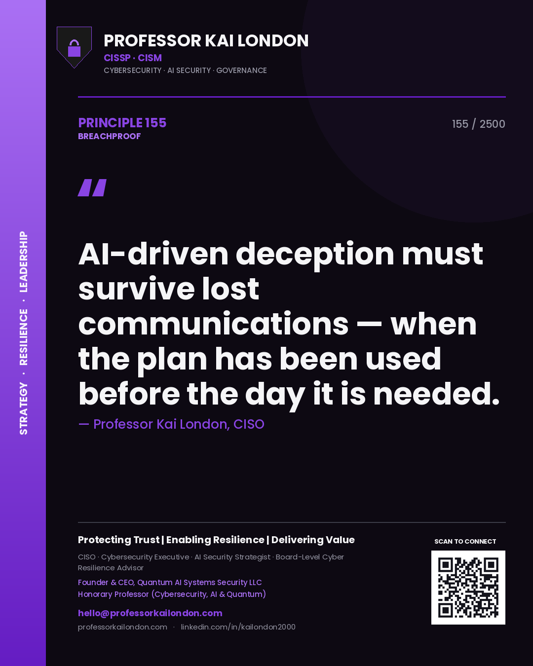 Professor Kai London principle 155: AI-driven deception must survive lost communications — when the plan has been used before the day it is needed.