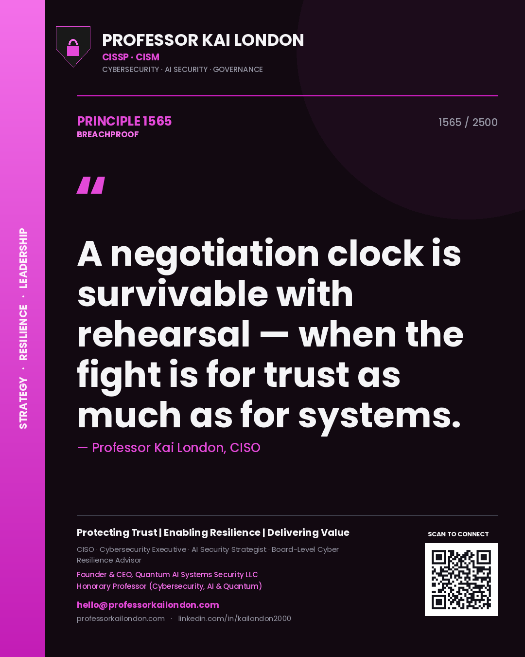 Professor Kai London principle 1565: A negotiation clock is survivable with rehearsal — when the fight is for trust as much as for systems.