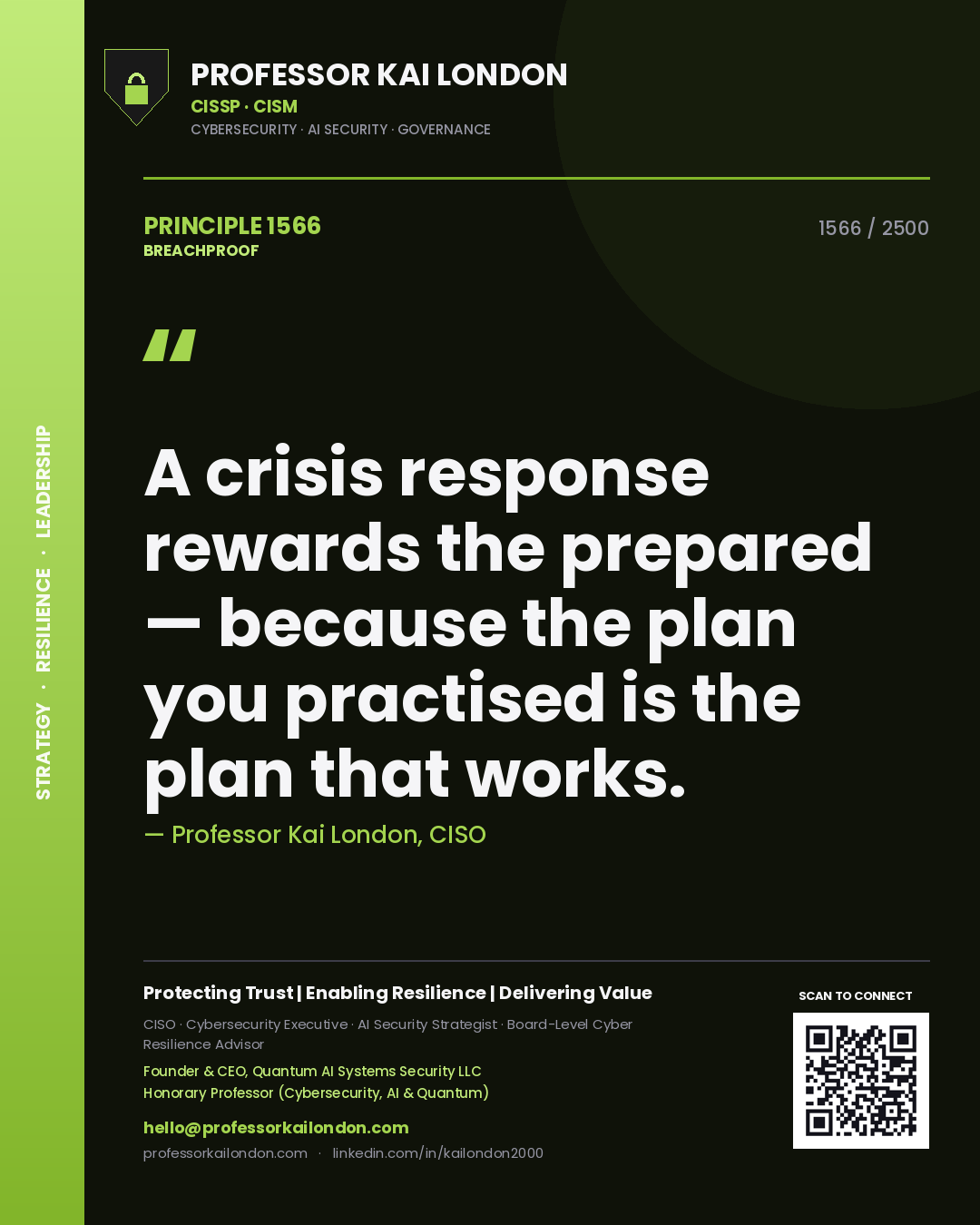 Professor Kai London principle 1566: A crisis response rewards the prepared — because the plan you practised is the plan that works.