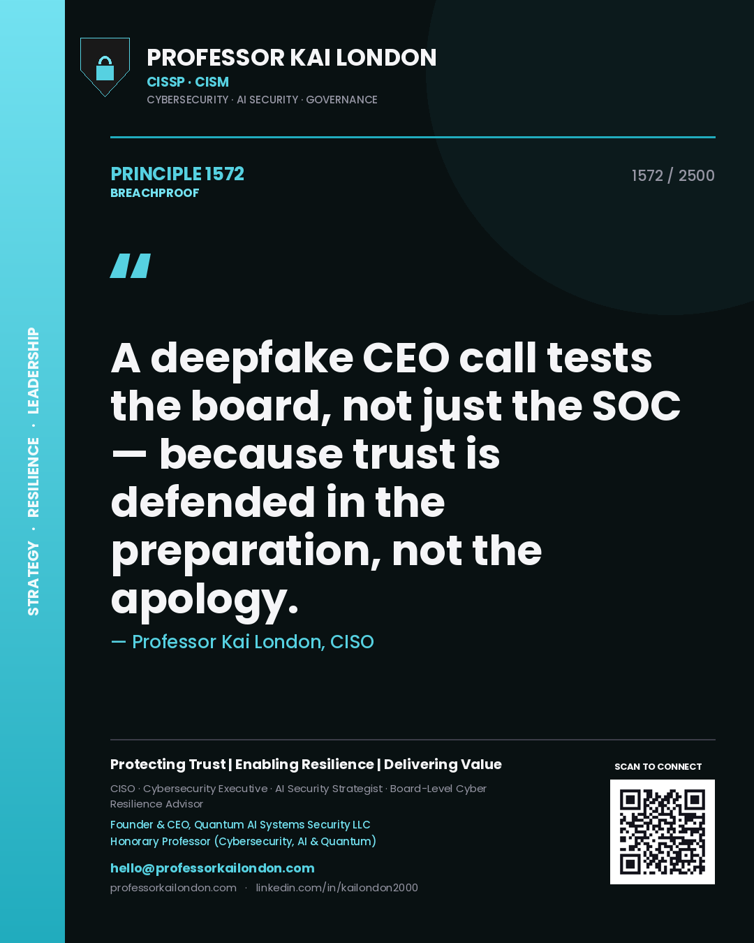 Professor Kai London principle 1572: A deepfake CEO call tests the board, not just the SOC — because trust is defended in the preparation, not the apology.