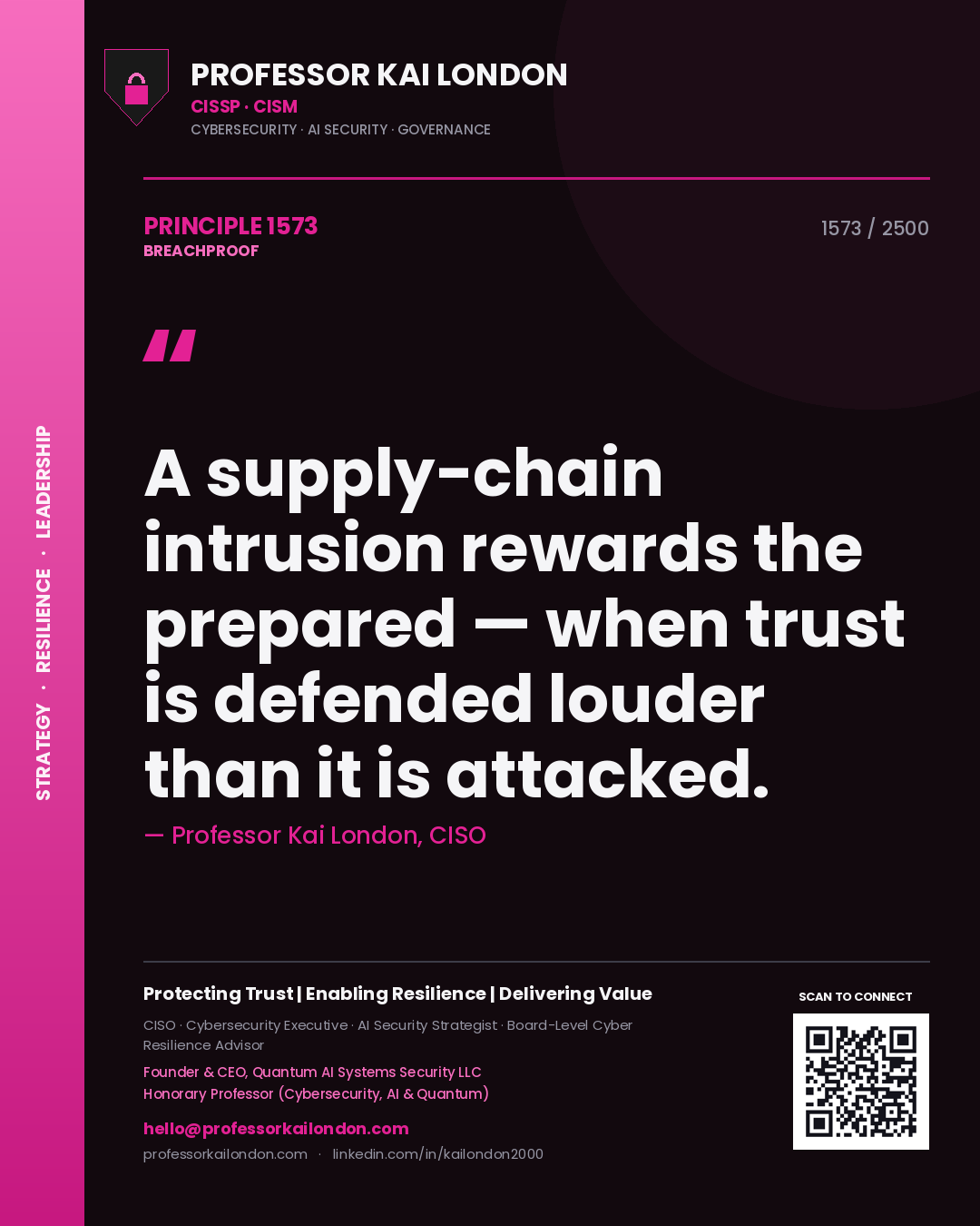 Professor Kai London principle 1573: A supply-chain intrusion rewards the prepared — when trust is defended louder than it is attacked.