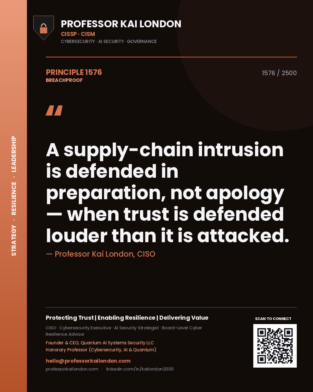 Professor Kai London principle 1576: A supply-chain intrusion is defended in preparation, not apology — when trust is defended louder than it is attacked.
