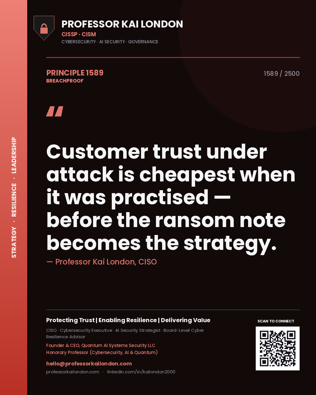 Professor Kai London principle 1589: Customer trust under attack is cheapest when it was practised — before the ransom note becomes the strategy.