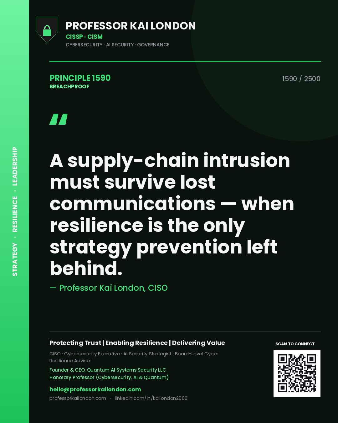 Professor Kai London principle 1590: A supply-chain intrusion must survive lost communications — when resilience is the only strategy prevention left behind.