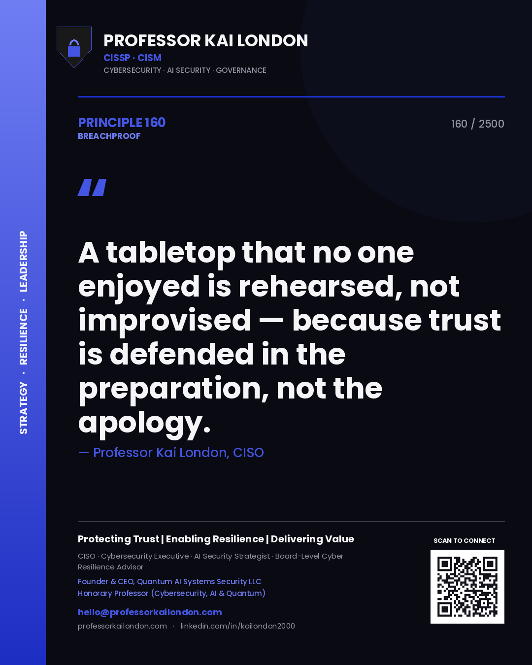 Professor Kai London principle 160: A tabletop that no one enjoyed is rehearsed, not improvised — because trust is defended in the preparation, not the apology.