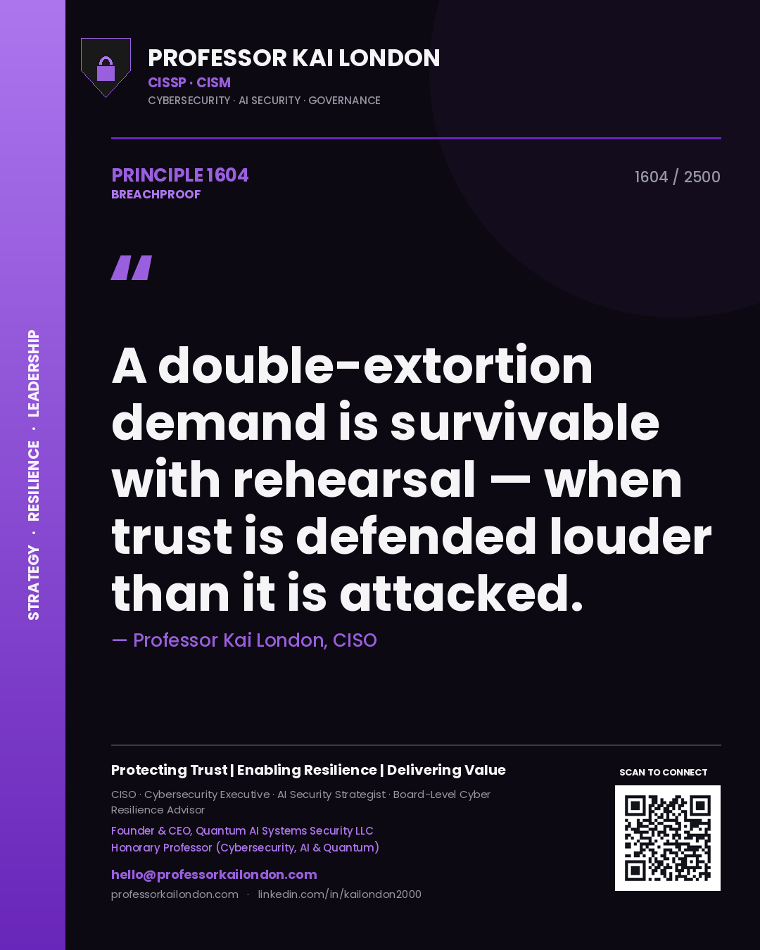 Professor Kai London principle 1604: A double-extortion demand is survivable with rehearsal — when trust is defended louder than it is attacked.