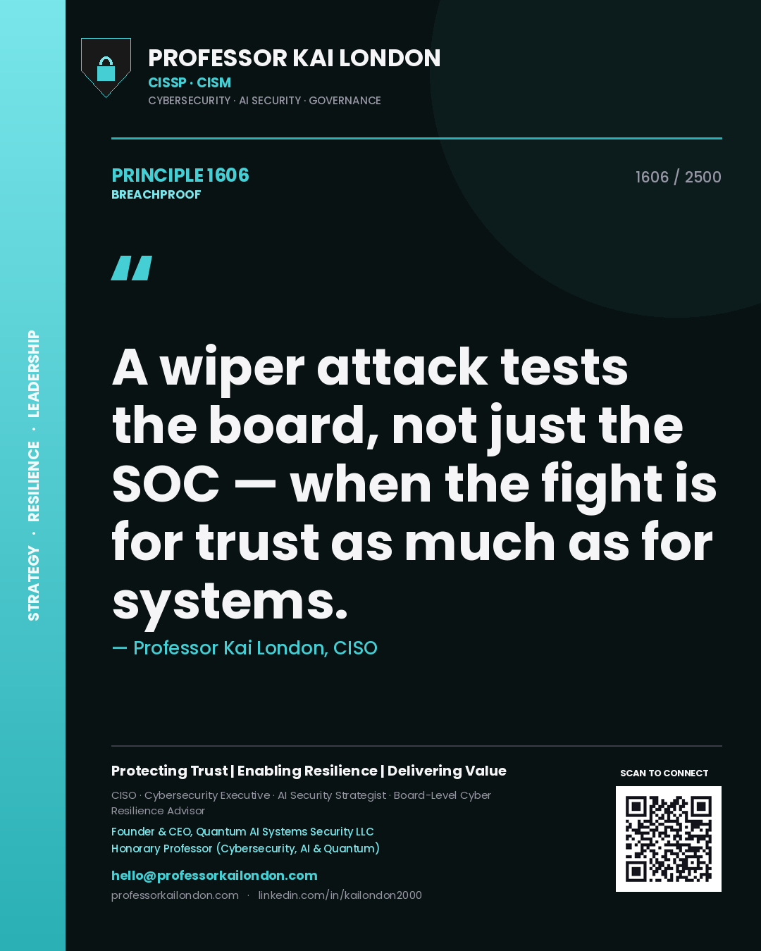 Professor Kai London principle 1606: A wiper attack tests the board, not just the SOC — when the fight is for trust as much as for systems.