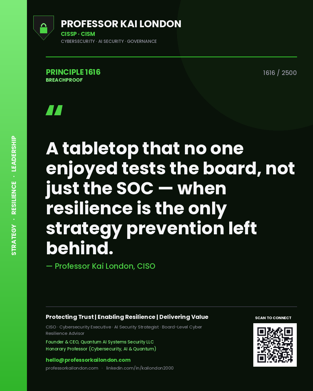 Professor Kai London principle 1616: A tabletop that no one enjoyed tests the board, not just the SOC — when resilience is the only strategy prevention left behind.