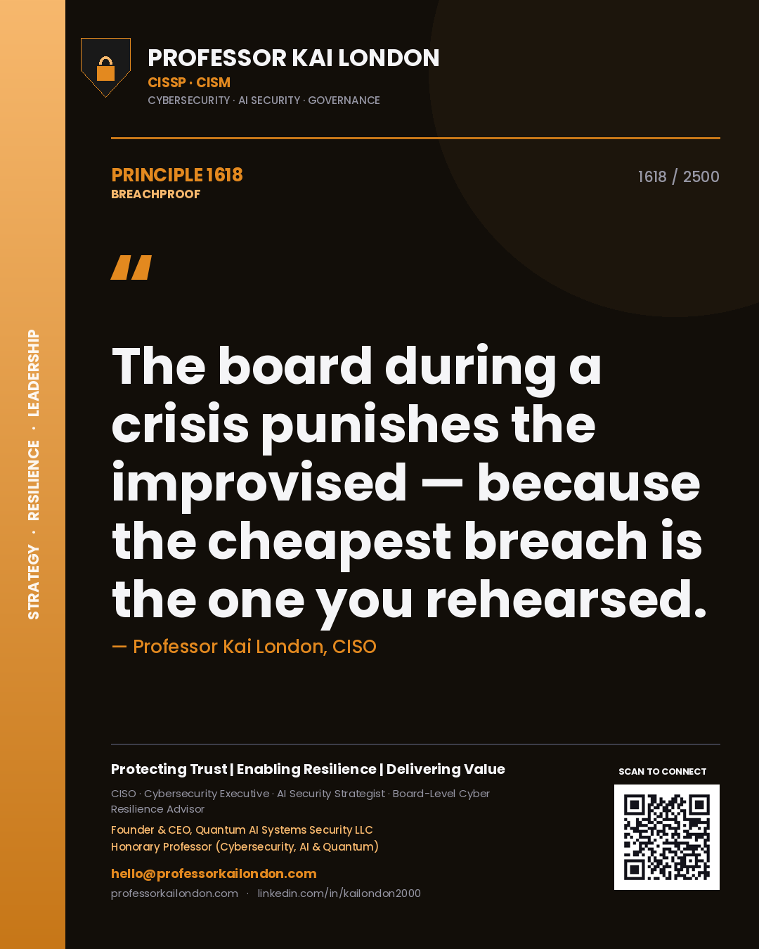 Professor Kai London principle 1618: The board during a crisis punishes the improvised — because the cheapest breach is the one you rehearsed.