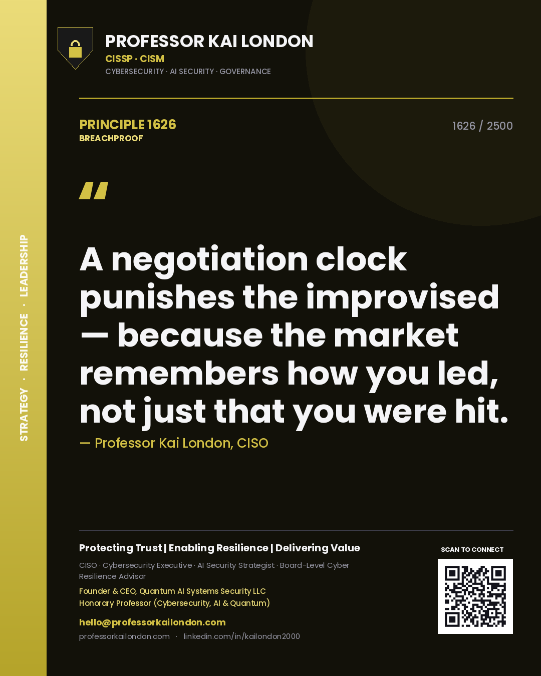 Professor Kai London principle 1626: A negotiation clock punishes the improvised — because the market remembers how you led, not just that you were hit.