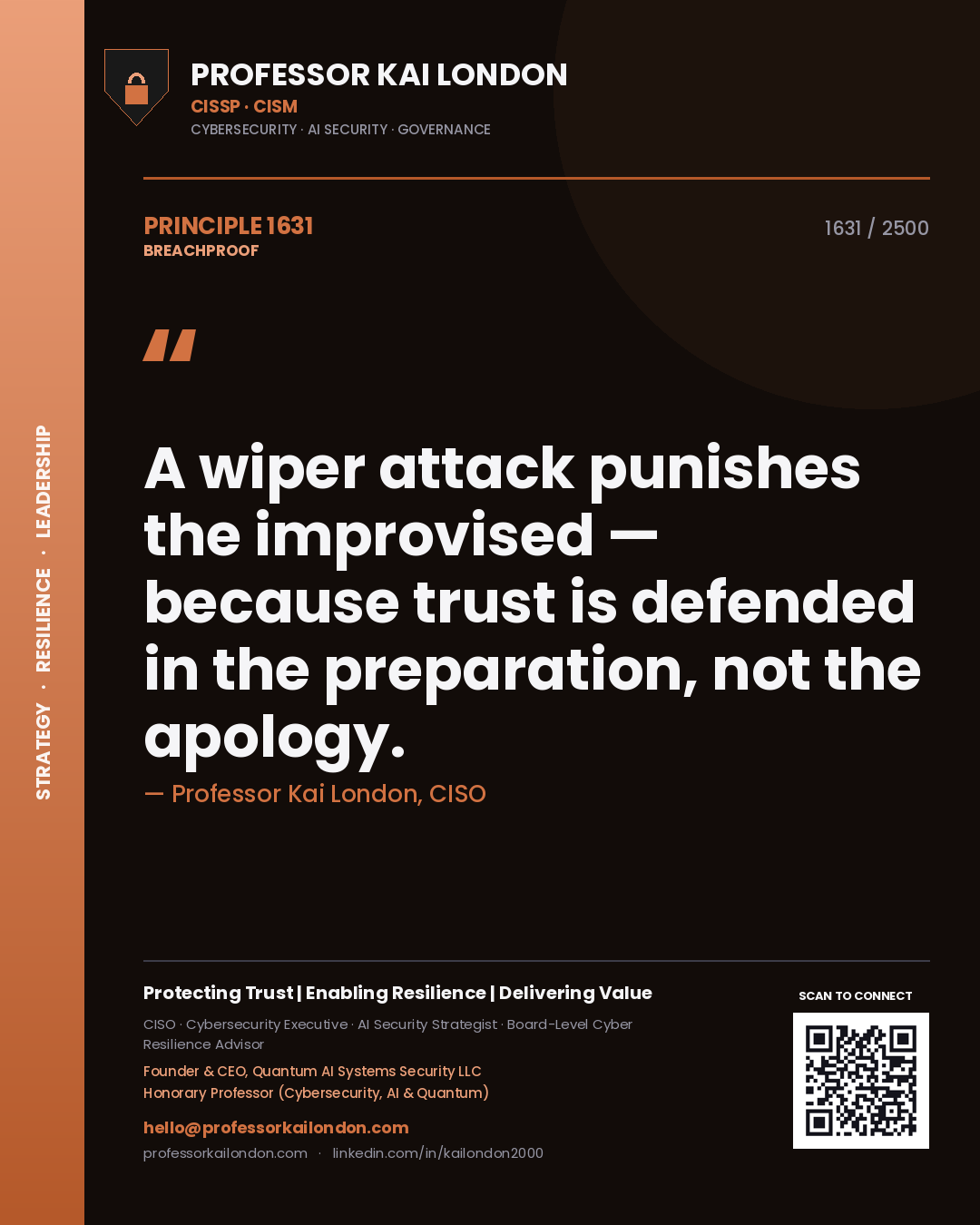 Professor Kai London principle 1631: A wiper attack punishes the improvised — because trust is defended in the preparation, not the apology.