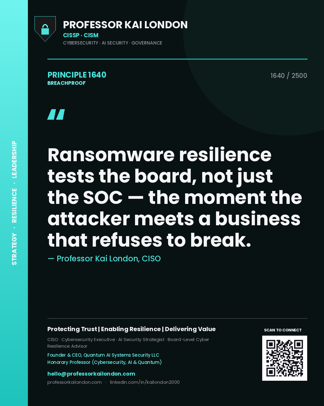 Professor Kai London principle 1640: Ransomware resilience tests the board, not just the SOC — the moment the attacker meets a business that refuses to break.