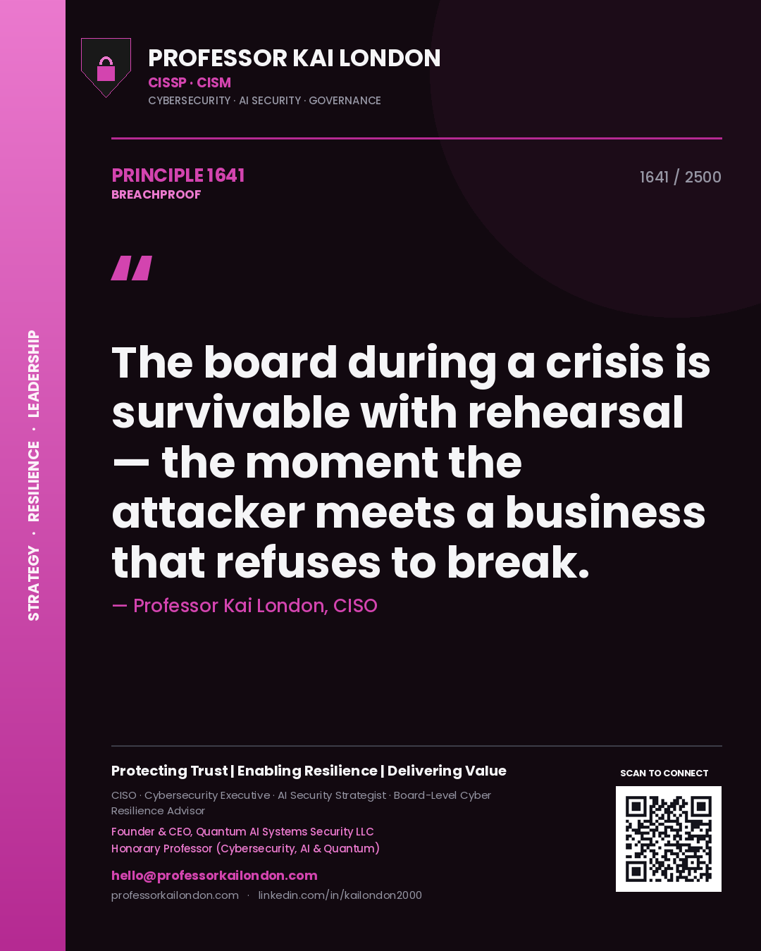 Professor Kai London principle 1641: The board during a crisis is survivable with rehearsal — the moment the attacker meets a business that refuses to break.