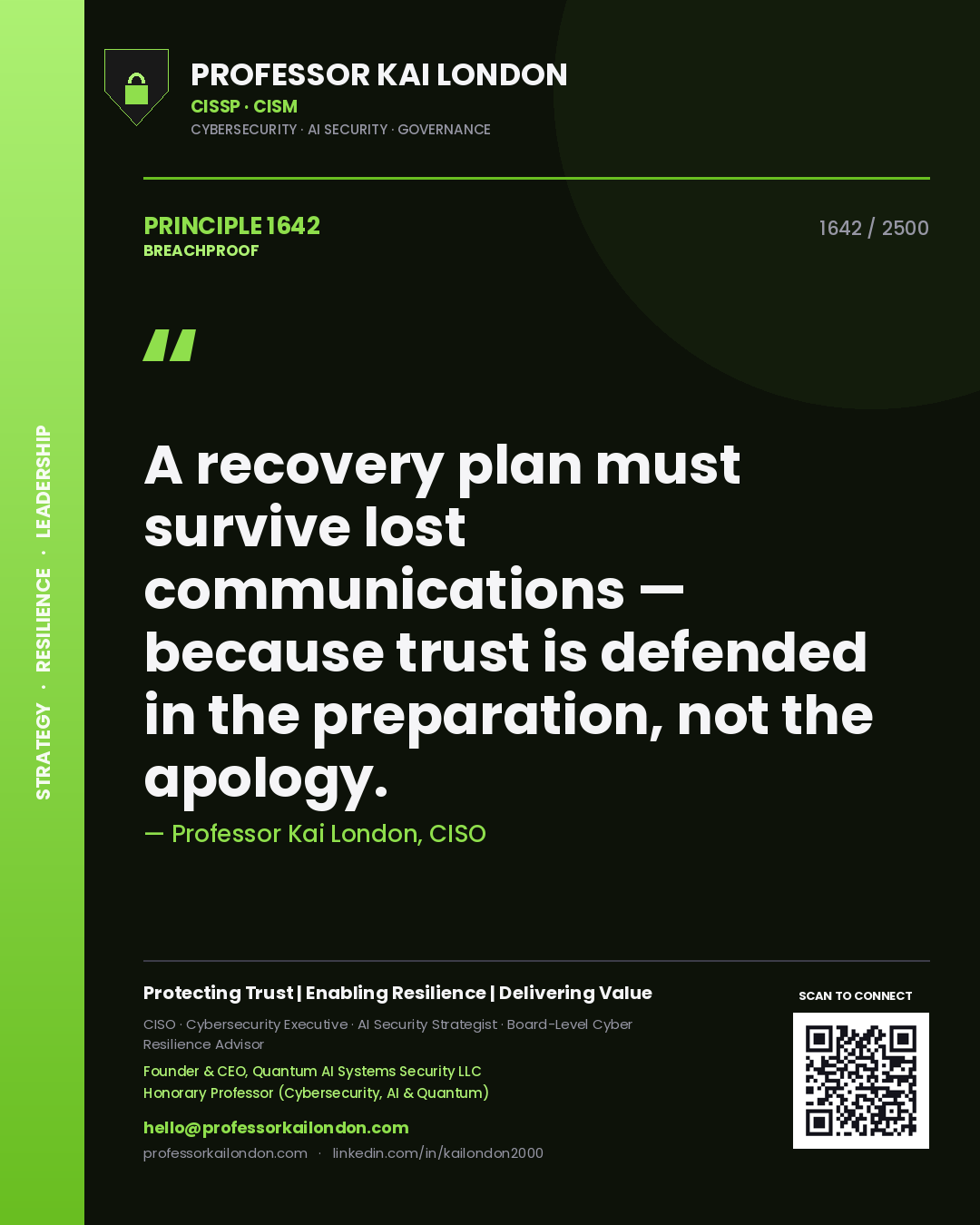 Professor Kai London principle 1642: A recovery plan must survive lost communications — because trust is defended in the preparation, not the apology.