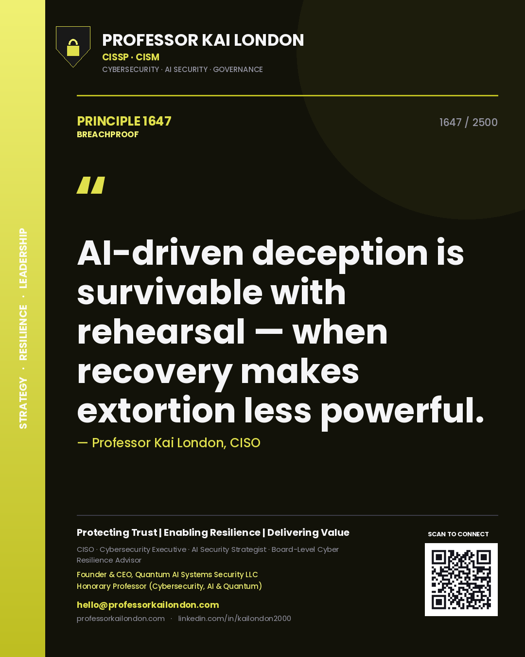 Professor Kai London principle 1647: AI-driven deception is survivable with rehearsal — when recovery makes extortion less powerful.