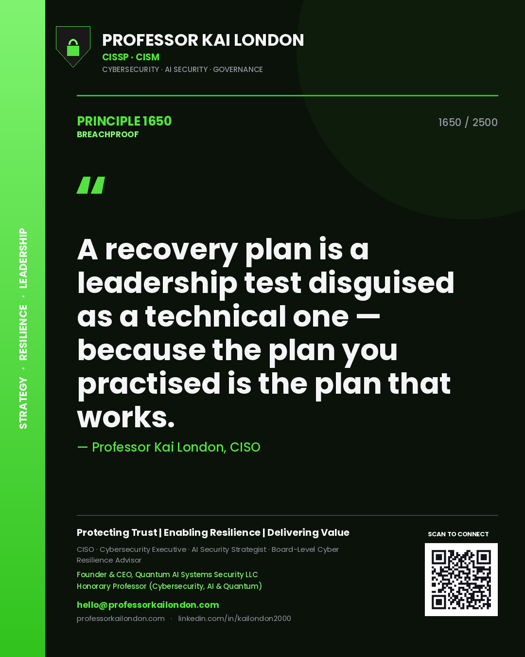 Professor Kai London principle 1650: A recovery plan is a leadership test disguised as a technical one — because the plan you practised is the plan that works.