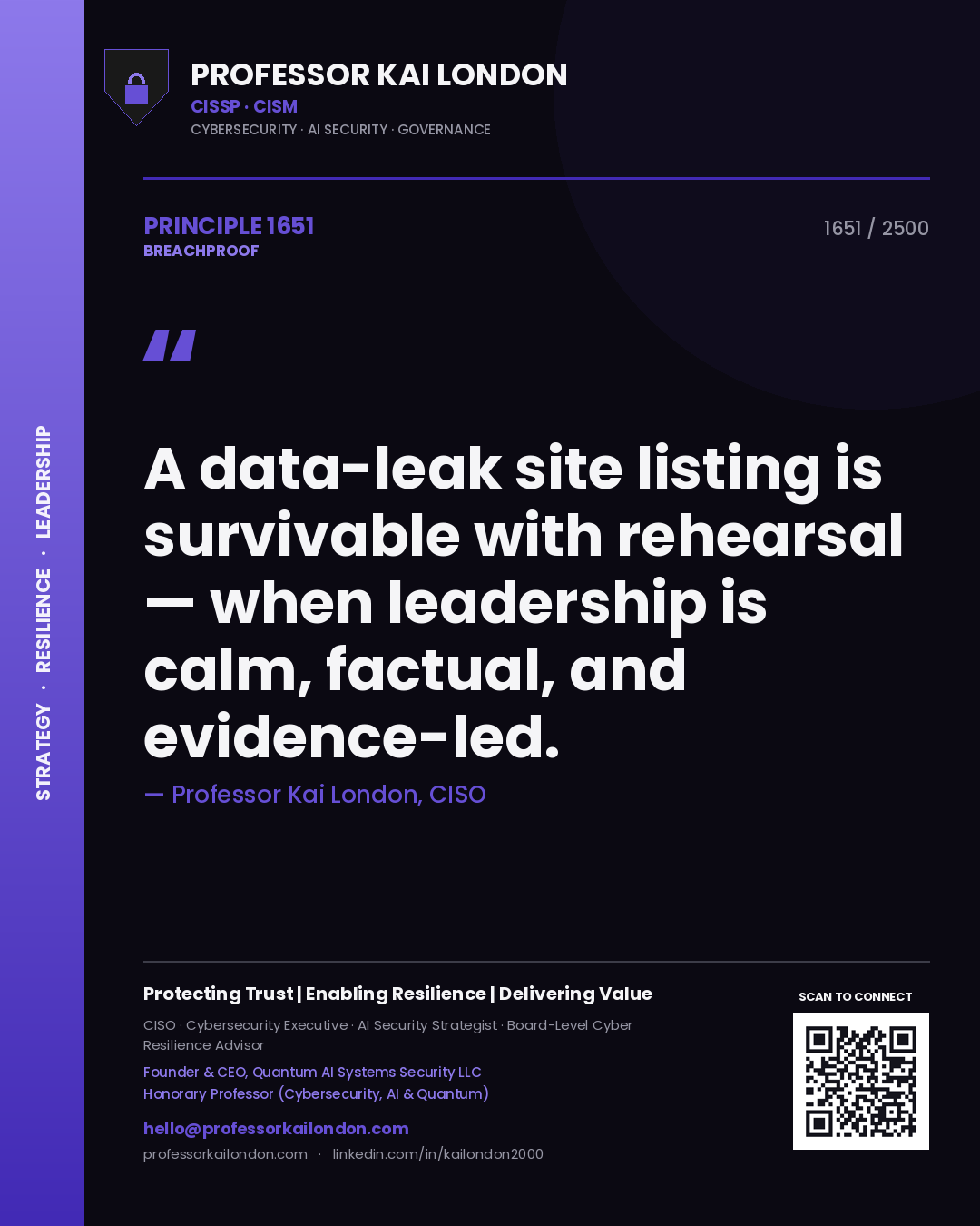 Professor Kai London principle 1651: A data-leak site listing is survivable with rehearsal — when leadership is calm, factual, and evidence-led.