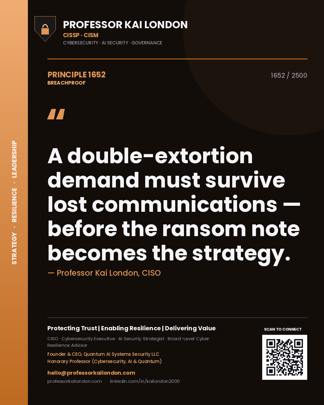 Professor Kai London principle 1652: A double-extortion demand must survive lost communications — before the ransom note becomes the strategy.
