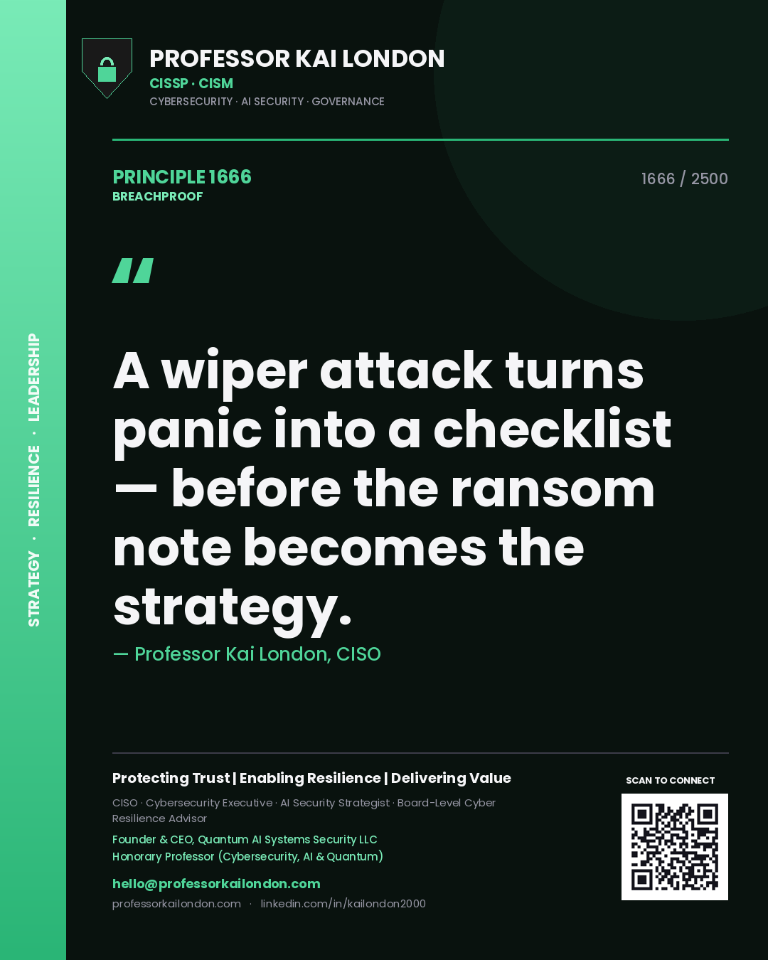 Professor Kai London principle 1666: A wiper attack turns panic into a checklist — before the ransom note becomes the strategy.