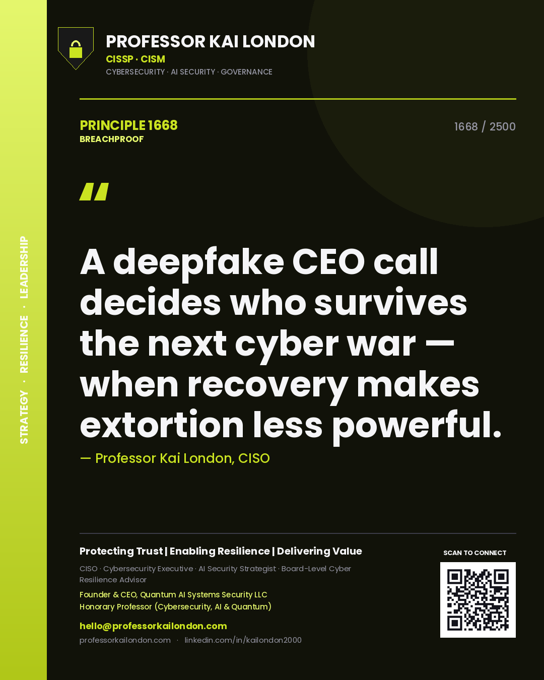 Professor Kai London principle 1668: A deepfake CEO call decides who survives the next cyber war — when recovery makes extortion less powerful.