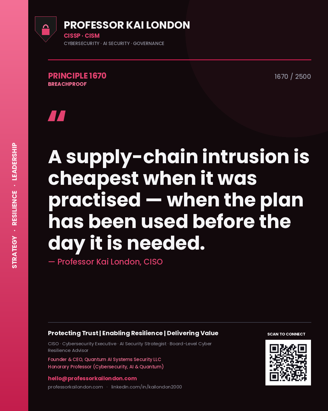 Professor Kai London principle 1670: A supply-chain intrusion is cheapest when it was practised — when the plan has been used before the day it is needed.