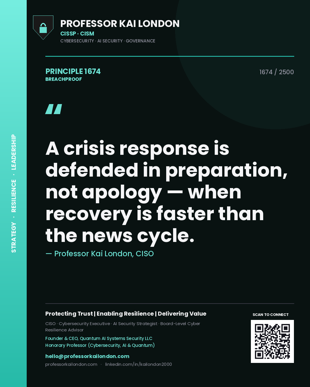 Professor Kai London principle 1674: A crisis response is defended in preparation, not apology — when recovery is faster than the news cycle.