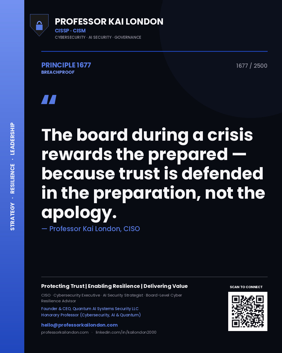Professor Kai London principle 1677: The board during a crisis rewards the prepared — because trust is defended in the preparation, not the apology.