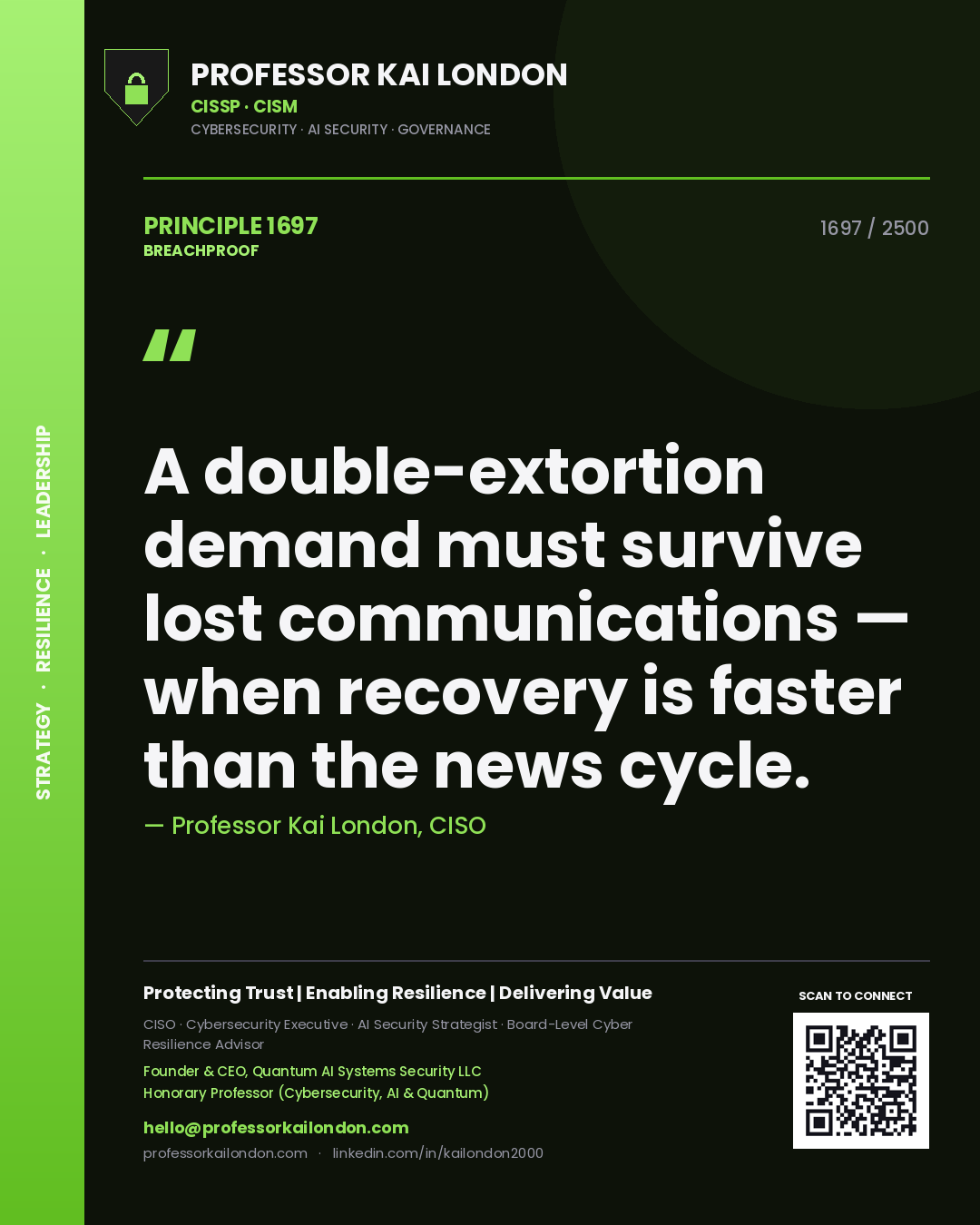 Professor Kai London principle 1697: A double-extortion demand must survive lost communications — when recovery is faster than the news cycle.