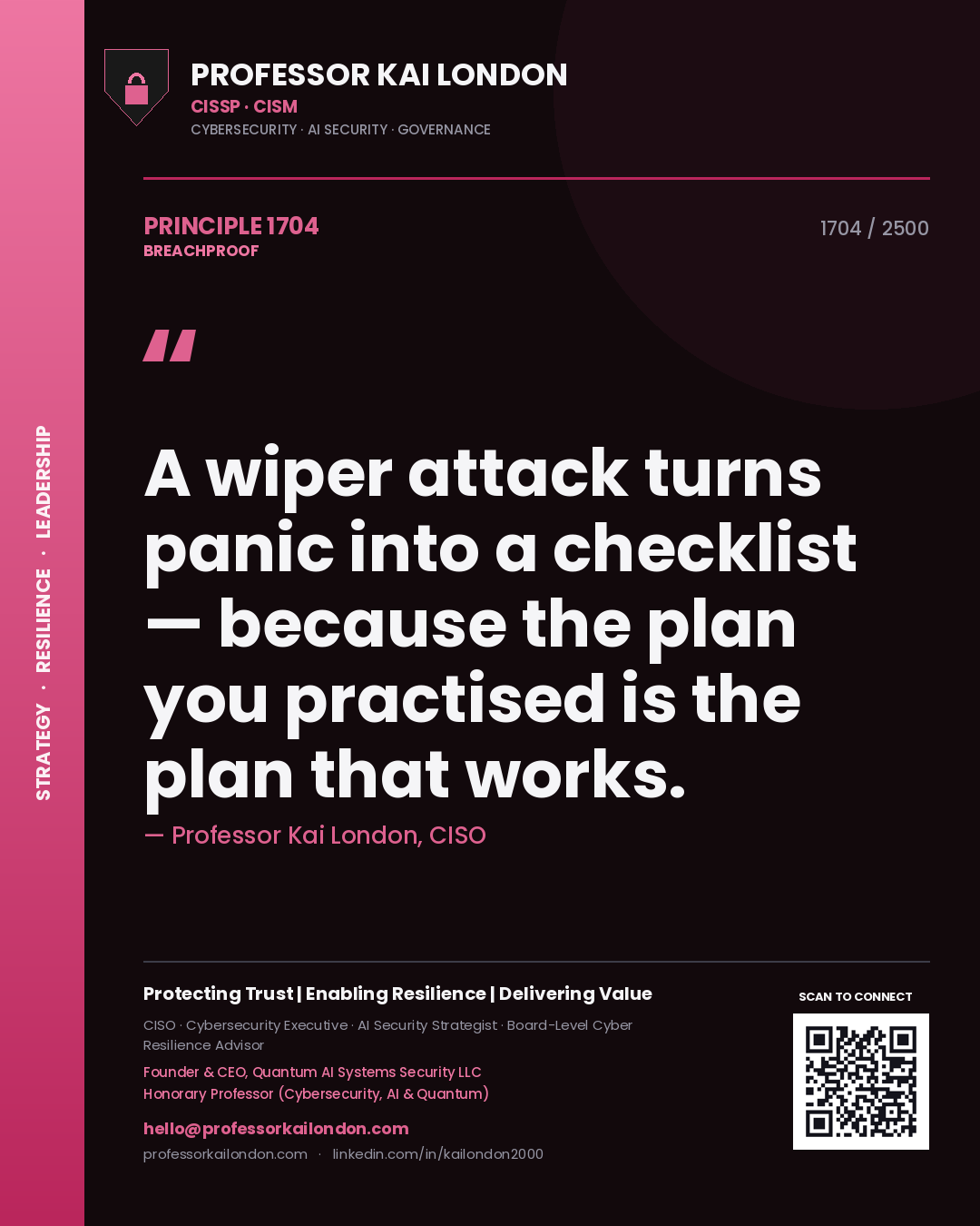 Professor Kai London principle 1704: A wiper attack turns panic into a checklist — because the plan you practised is the plan that works.