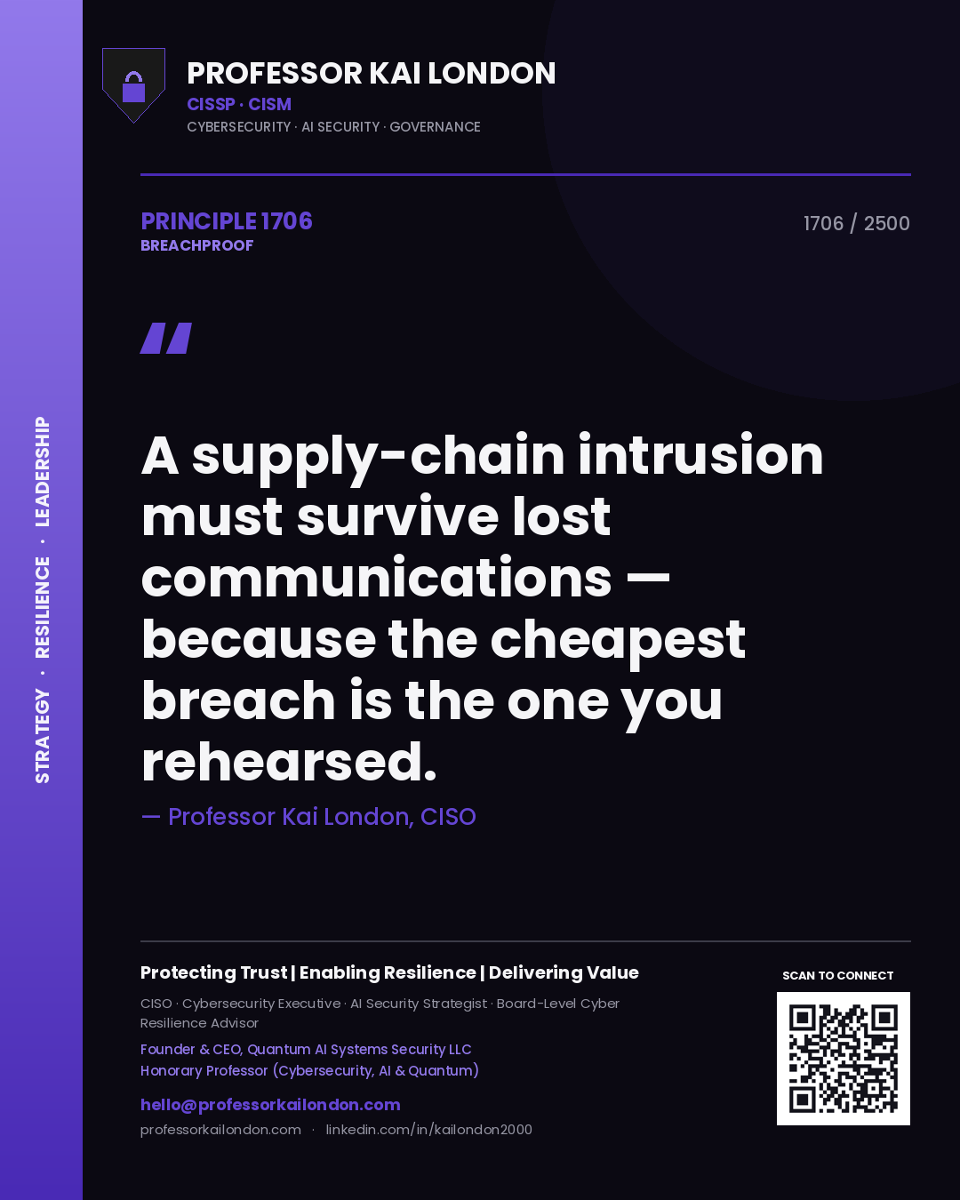 Professor Kai London principle 1706: A supply-chain intrusion must survive lost communications — because the cheapest breach is the one you rehearsed.