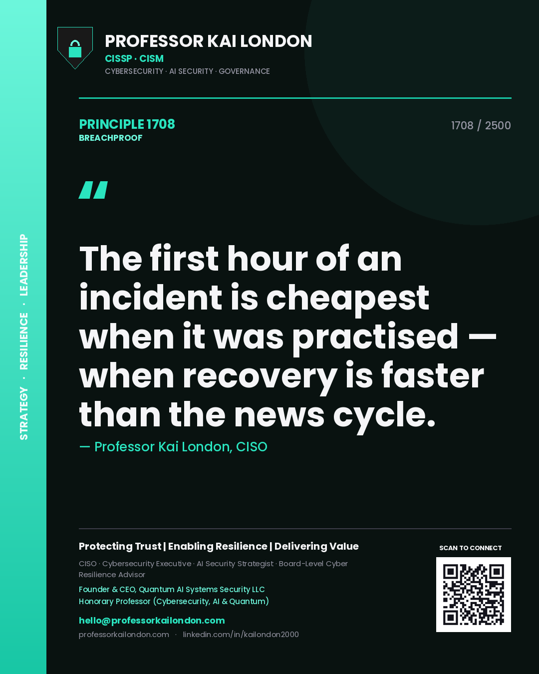 Professor Kai London principle 1708: The first hour of an incident is cheapest when it was practised — when recovery is faster than the news cycle.
