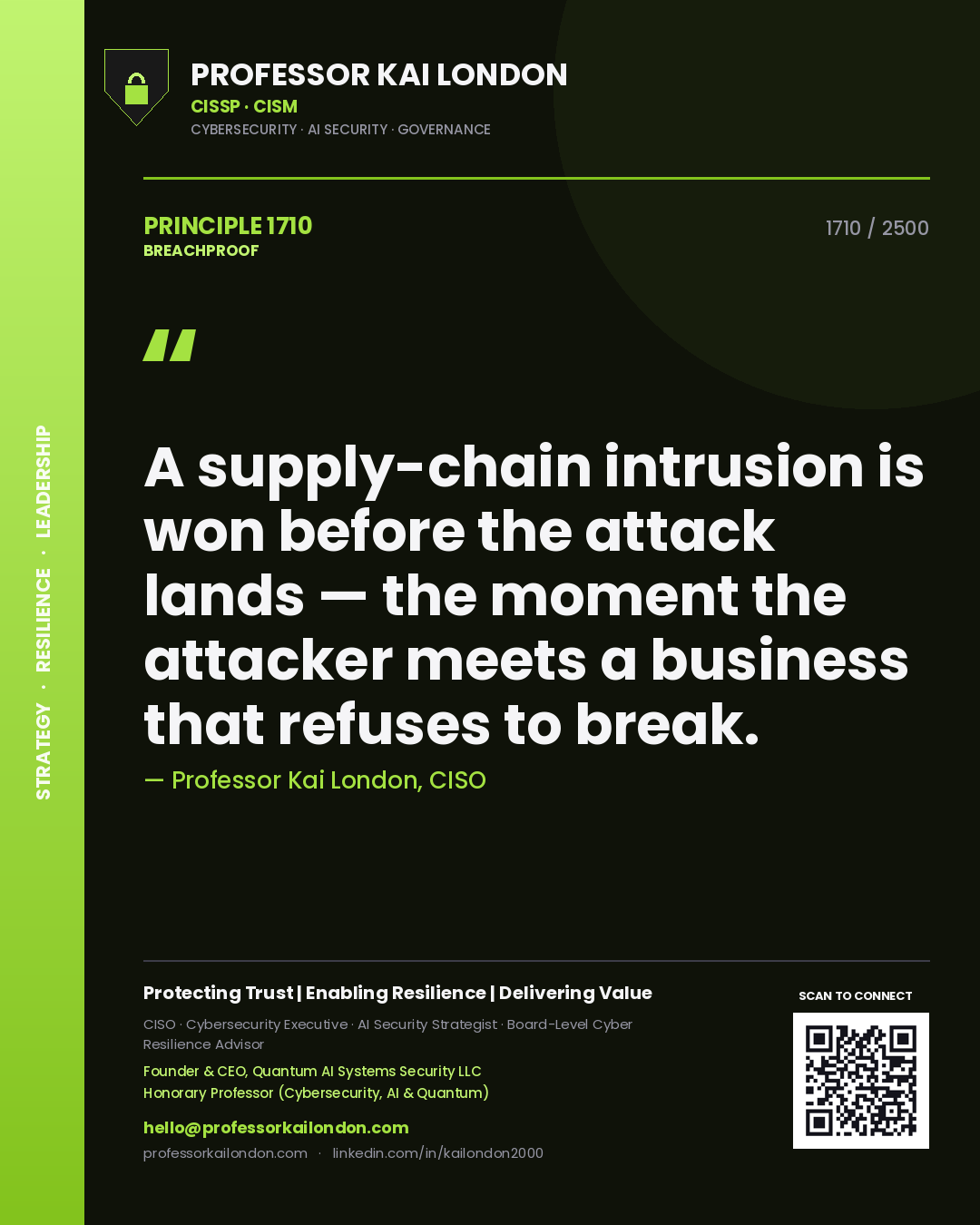 Professor Kai London principle 1710: A supply-chain intrusion is won before the attack lands — the moment the attacker meets a business that refuses to break.