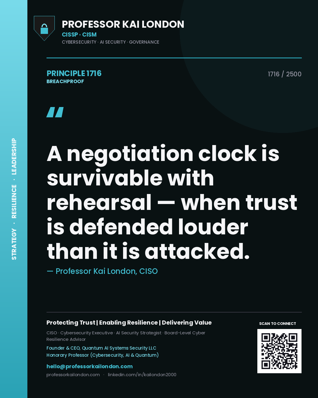 Professor Kai London principle 1716: A negotiation clock is survivable with rehearsal — when trust is defended louder than it is attacked.
