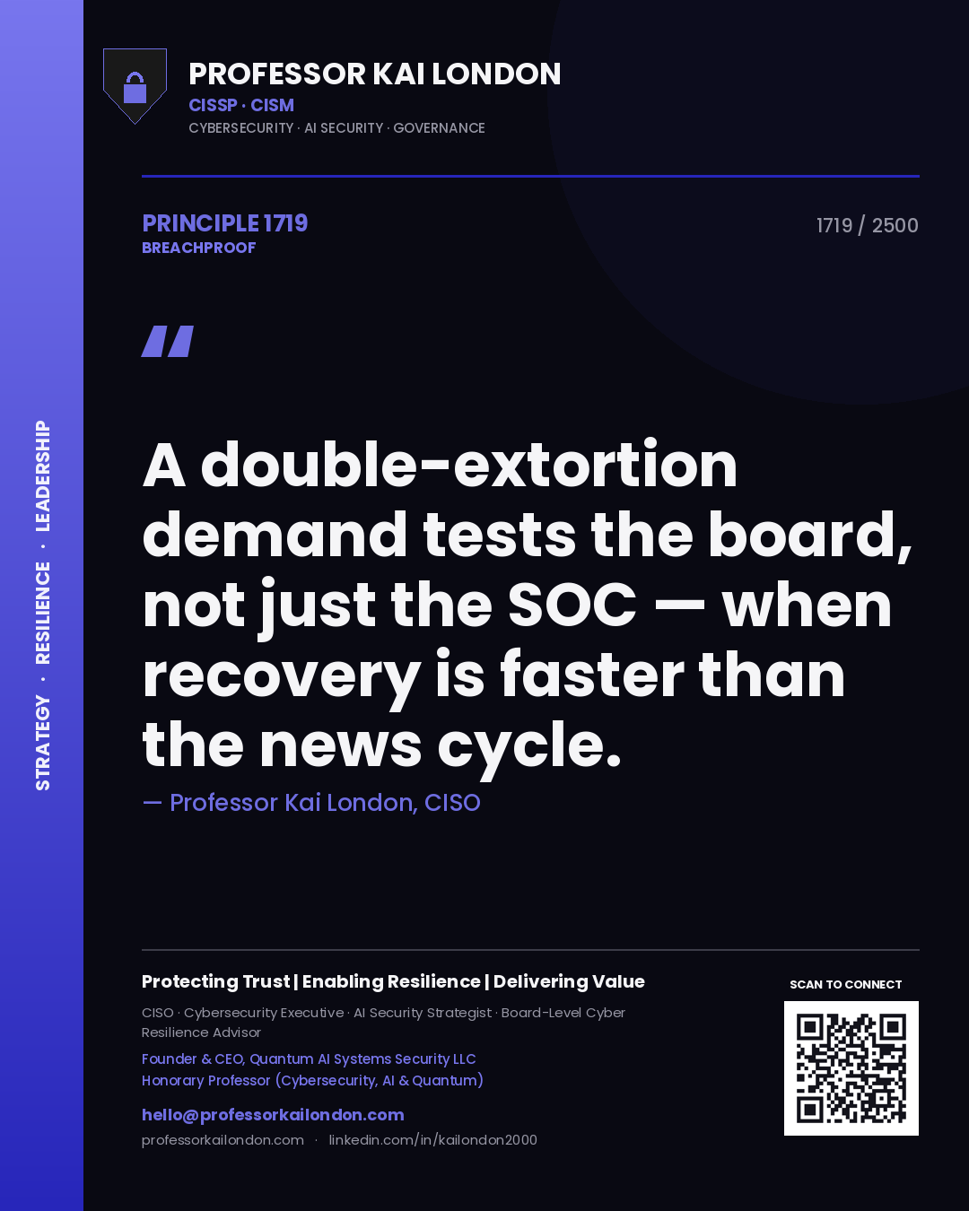 Professor Kai London principle 1719: A double-extortion demand tests the board, not just the SOC — when recovery is faster than the news cycle.