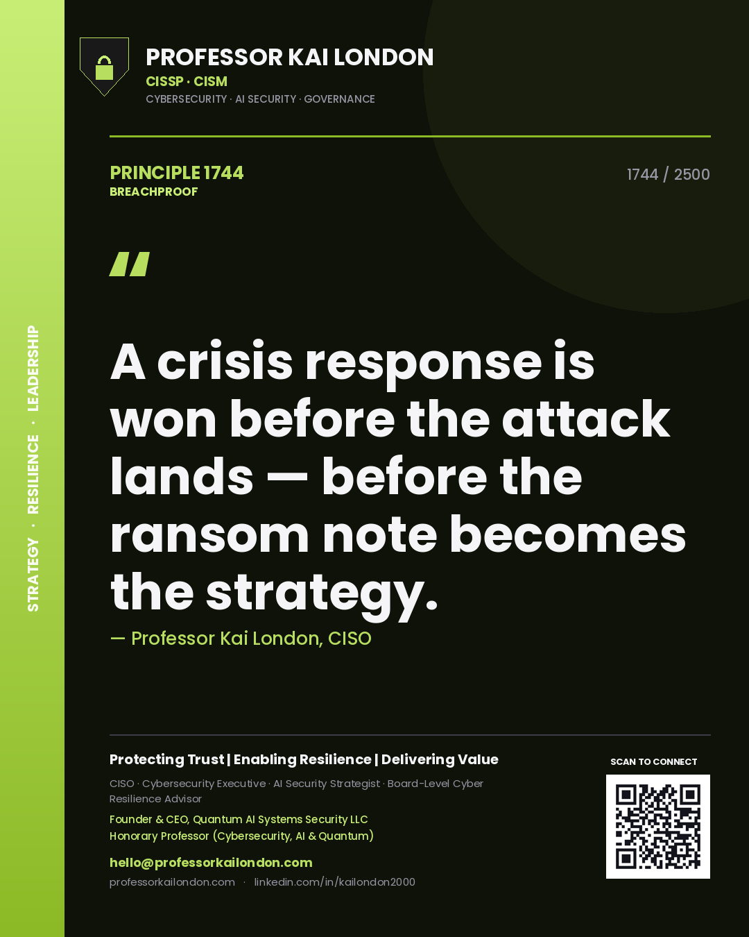 Professor Kai London principle 1744: A crisis response is won before the attack lands — before the ransom note becomes the strategy.