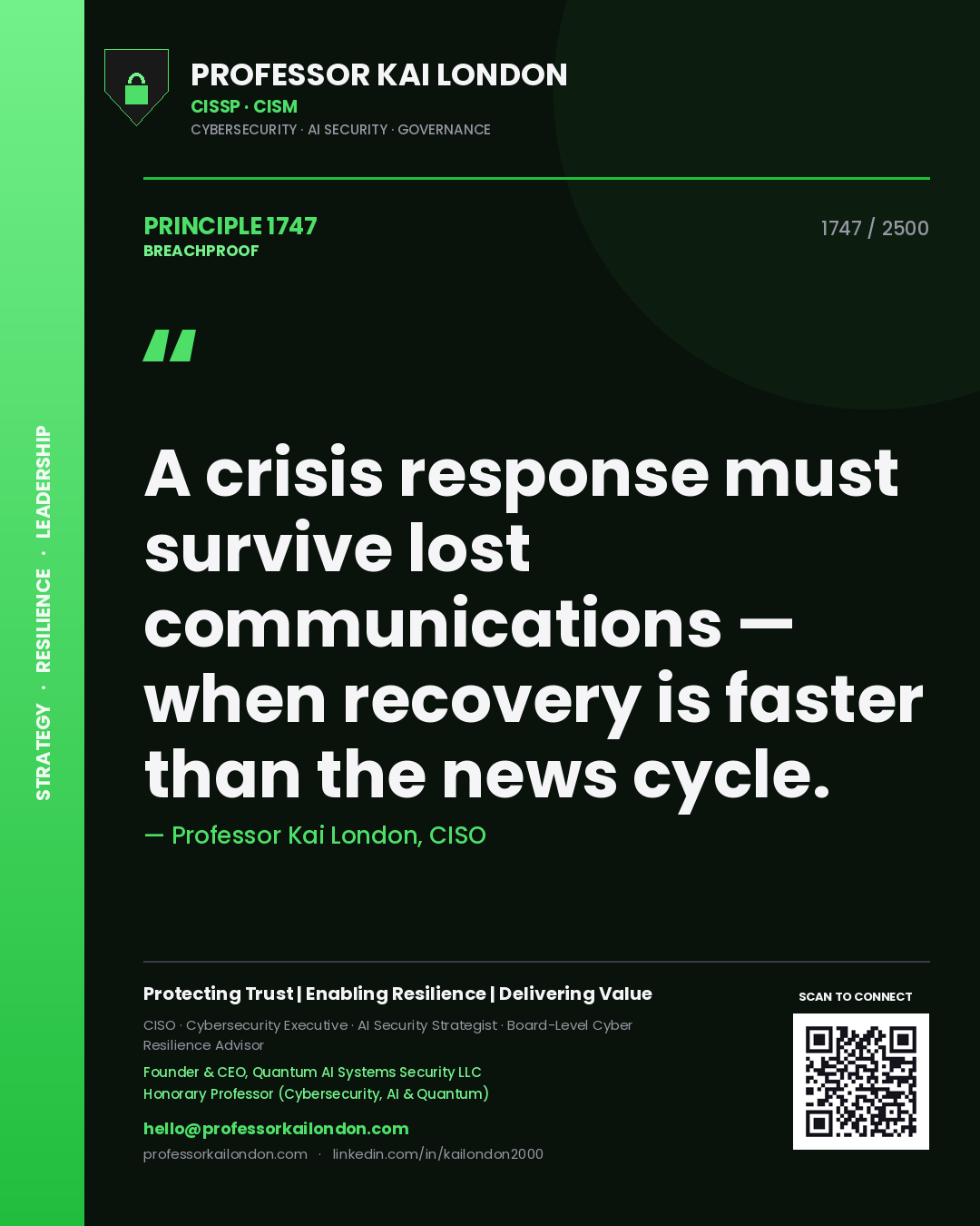 Professor Kai London principle 1747: A crisis response must survive lost communications — when recovery is faster than the news cycle.