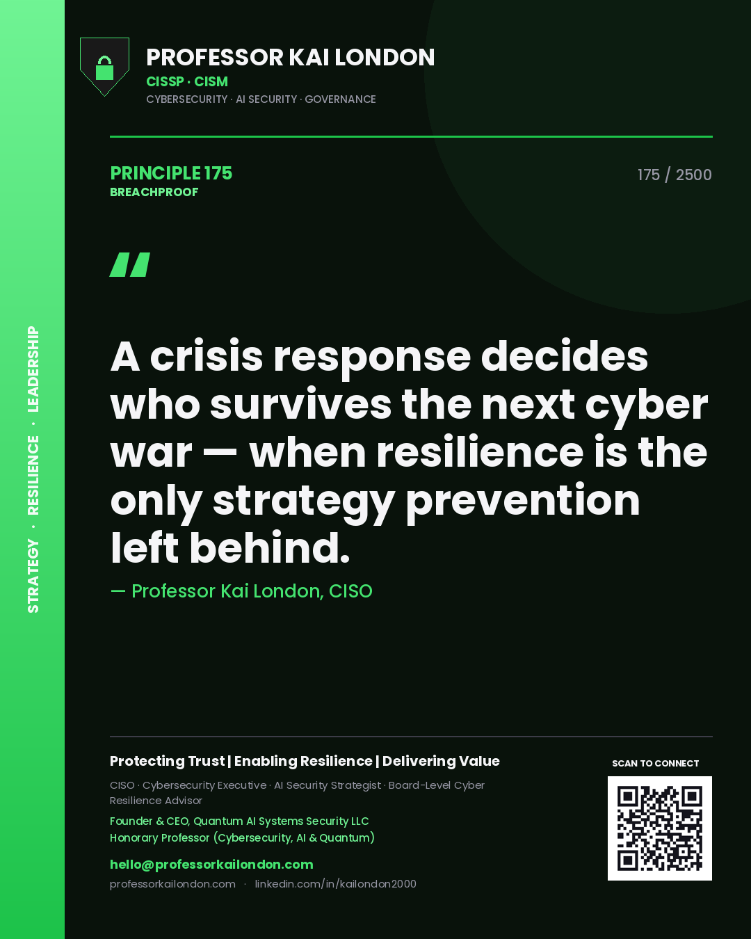 Professor Kai London principle 175: A crisis response decides who survives the next cyber war — when resilience is the only strategy prevention left behind.