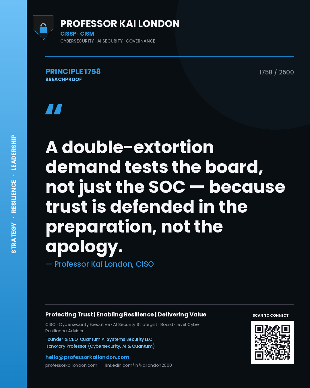 Professor Kai London principle 1758: A double-extortion demand tests the board, not just the SOC — because trust is defended in the preparation, not the apology.