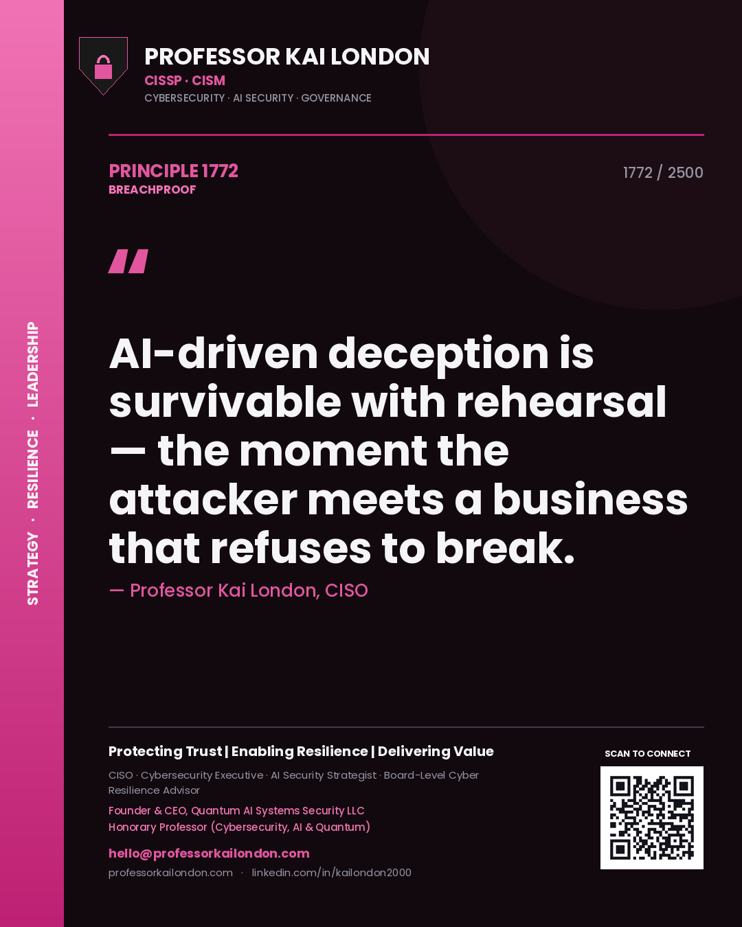Professor Kai London principle 1772: AI-driven deception is survivable with rehearsal — the moment the attacker meets a business that refuses to break.