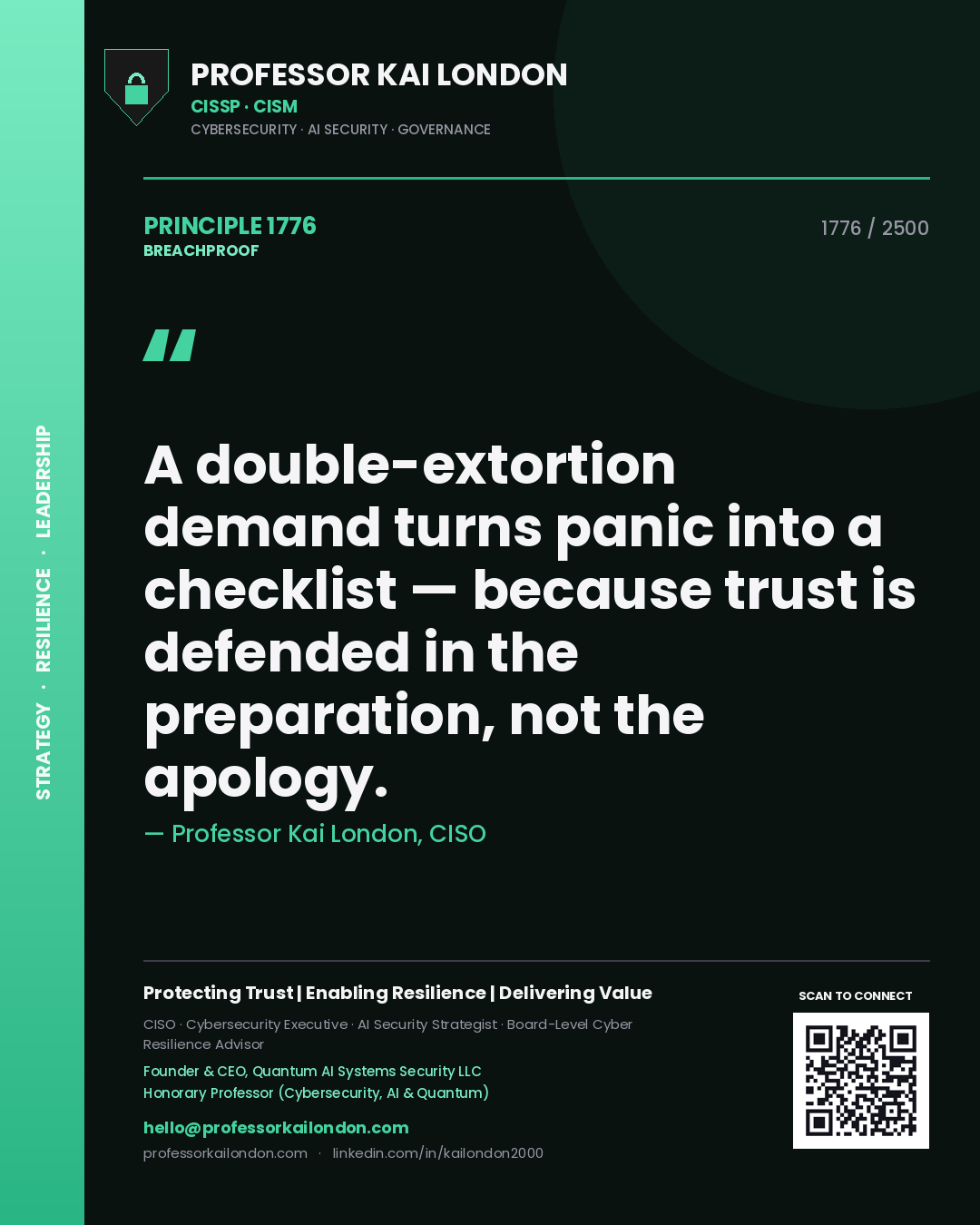 Professor Kai London principle 1776: A double-extortion demand turns panic into a checklist — because trust is defended in the preparation, not the apology.