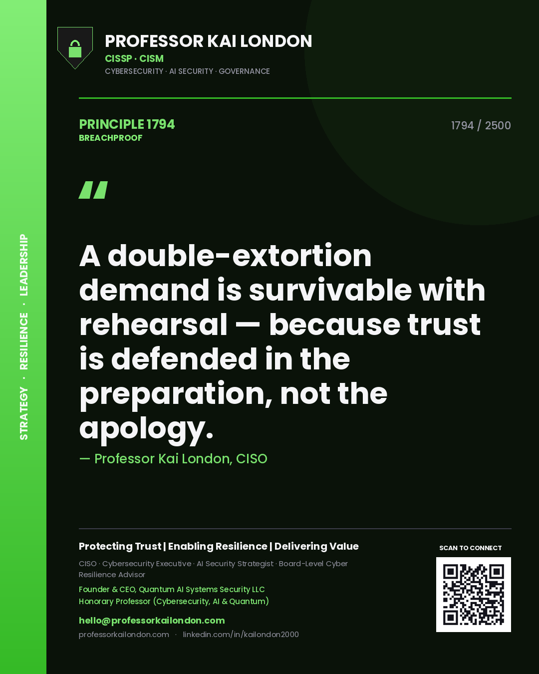 Professor Kai London principle 1794: A double-extortion demand is survivable with rehearsal — because trust is defended in the preparation, not the apology.