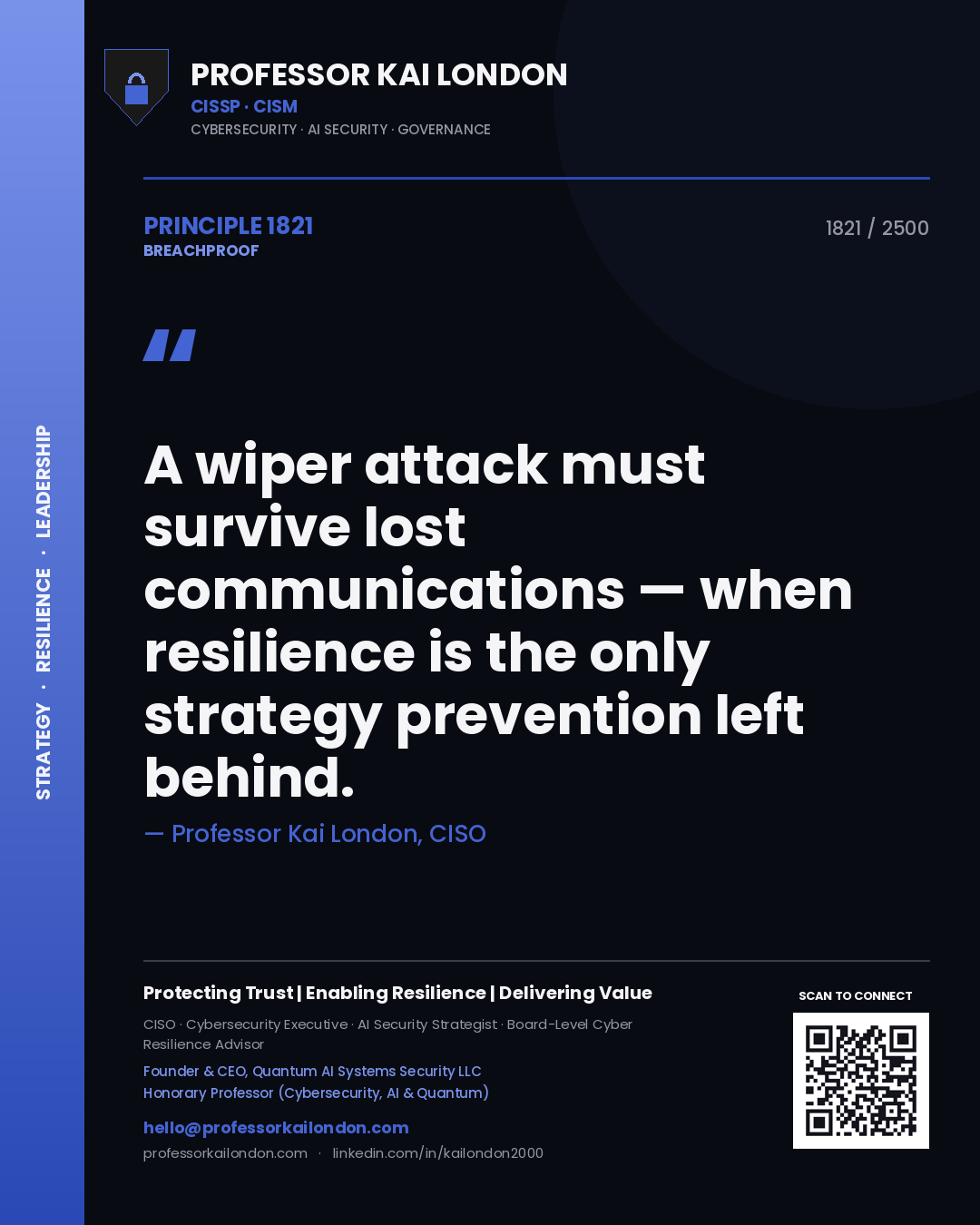 Professor Kai London principle 1821: A wiper attack must survive lost communications — when resilience is the only strategy prevention left behind.