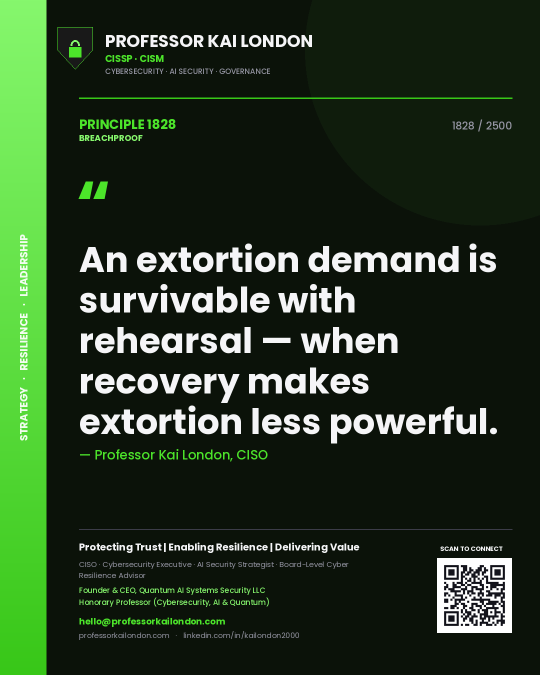 Professor Kai London principle 1828: An extortion demand is survivable with rehearsal — when recovery makes extortion less powerful.