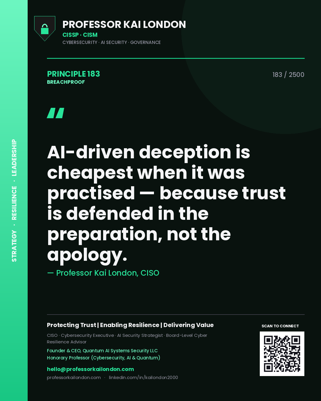 Professor Kai London principle 183: AI-driven deception is cheapest when it was practised — because trust is defended in the preparation, not the apology.