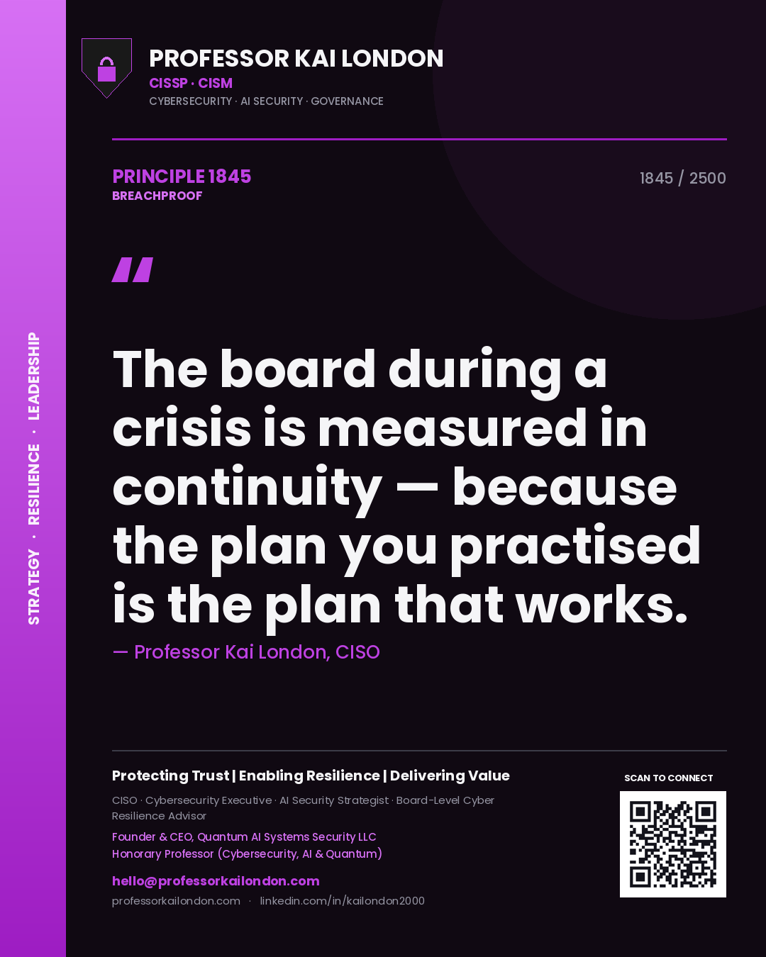 Professor Kai London principle 1845: The board during a crisis is measured in continuity — because the plan you practised is the plan that works.